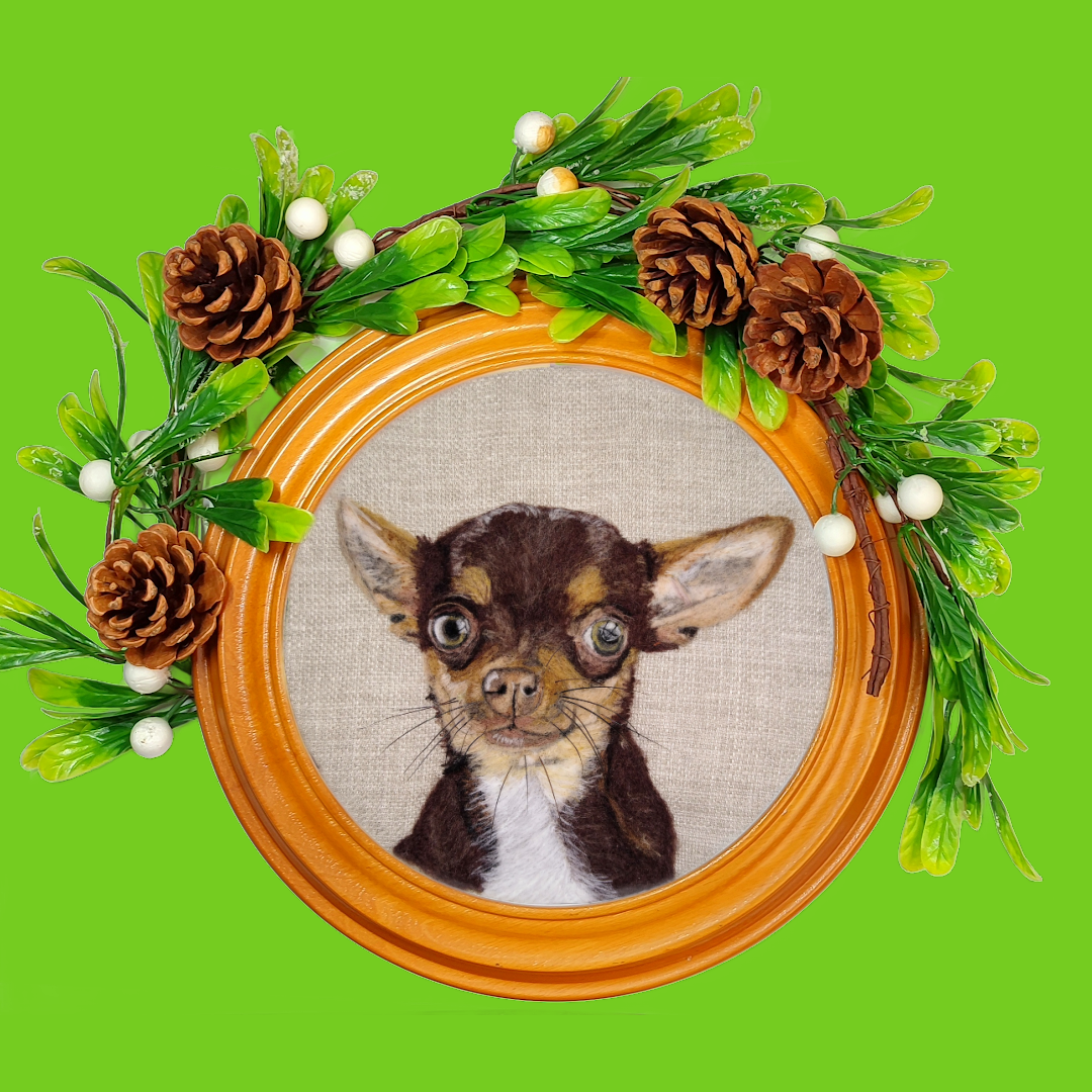 Instagram Post Chihuahua with mistletoe and pine cones light wood hoop copy